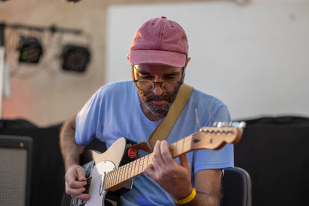 FARO, PORTUGAL: 7th SEPTEMBER, 2024 - Music artist, Norberto Lobo, performs on Festival F, a big festival on the city of Faro, Portugal.のeditorial素材