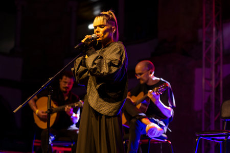 FARO, PORTUGAL: 7th SEPTEMBER, 2024 - Music artist, Filipa Vieira, performs on Festival F, a big festival on the city of Faro, Portugal.のeditorial素材