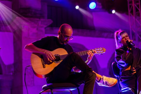 FARO, PORTUGAL: 7th SEPTEMBER, 2024 - Music artist, Filipa Vieira, performs on Festival F, a big festival on the city of Faro, Portugal.のeditorial素材