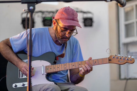FARO, PORTUGAL: 7th SEPTEMBER, 2024 - Music artist, Norberto Lobo, performs on Festival F, a big festival on the city of Faro, Portugal.のeditorial素材
