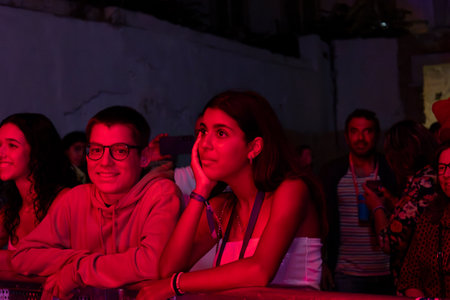 FARO, PORTUGAL: 7th SEPTEMBER, 2024 - Audience watch music artist in the Music Festival F, a big festival on the city of Faro, Portugalのeditorial素材