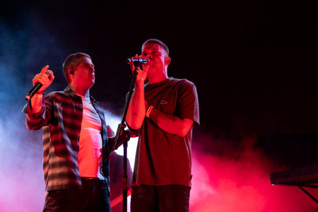 FARO, PORTUGAL: 7th SEPTEMBER, 2024 - Music artist, Na Mesma Rua, performs on Festival F, a big festival on the city of Faro, Portugal.のeditorial素材