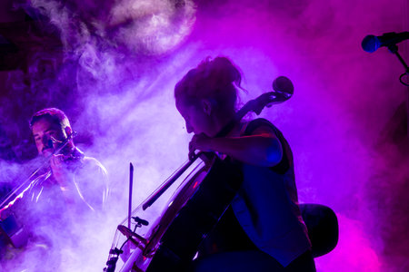 FARO, PORTUGAL: 7th SEPTEMBER, 2024 - Music artist, Jean Christian et Les Reves Enfouis, performs on Festival F, a big festival on the city of Faro, Portugal.のeditorial素材