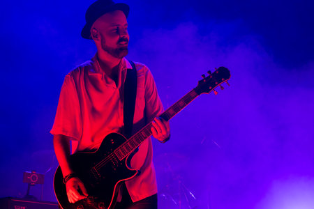 FARO, PORTUGAL: 7th SEPTEMBER, 2024 - Music artist, Na Mesma Rua, performs on Festival F, a big festival on the city of Faro, Portugal.のeditorial素材