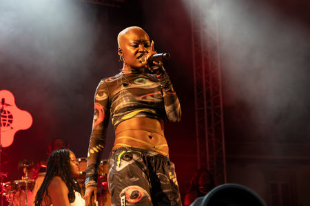 FARO, PORTUGAL: 7th SEPTEMBER, 2024 - Music artist, Pongo, performs on Festival F, a big festival on the city of Faro, Portugal.のeditorial素材