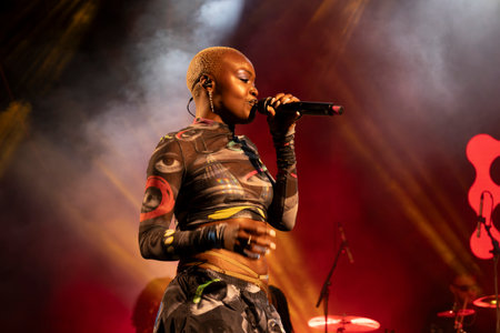 FARO, PORTUGAL: 7th SEPTEMBER, 2024 - Music artist, Pongo, performs on Festival F, a big festival on the city of Faro, Portugal.のeditorial素材