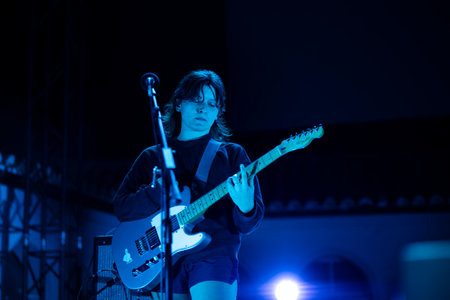 FARO, PORTUGAL: 7th SEPTEMBER, 2024 - Music artist, Vaiapraia, performs on Festival F, a big festival on the city of Faro, Portugal.のeditorial素材