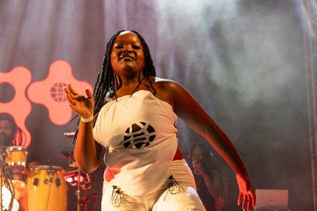 FARO, PORTUGAL: 7th SEPTEMBER, 2024 - Music artist, Pongo, performs on Festival F, a big festival on the city of Faro, Portugal.のeditorial素材