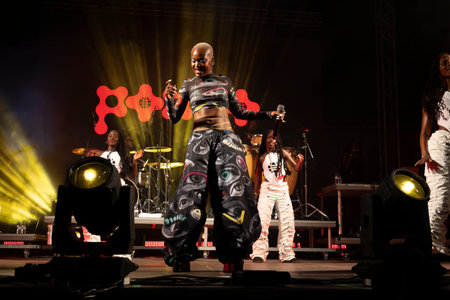 FARO, PORTUGAL: 7th SEPTEMBER, 2024 - Music artist, Pongo, performs on Festival F, a big festival on the city of Faro, Portugal.のeditorial素材