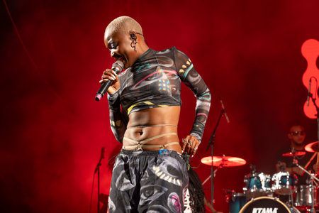 FARO, PORTUGAL: 7th SEPTEMBER, 2024 - Music artist, Pongo, performs on Festival F, a big festival on the city of Faro, Portugal.のeditorial素材