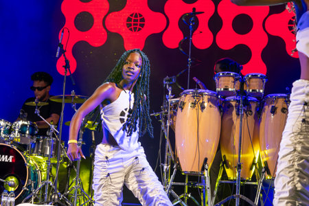 FARO, PORTUGAL: 7th SEPTEMBER, 2024 - Music artist, Pongo, performs on Festival F, a big festival on the city of Faro, Portugal.のeditorial素材