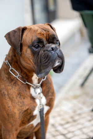 Close up view of a Boxer dog with collar in a city street.の写真素材