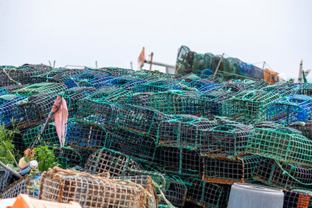 Close up view of many crab and lobster traps equipment on a beach of the Algarve region.の写真素材
