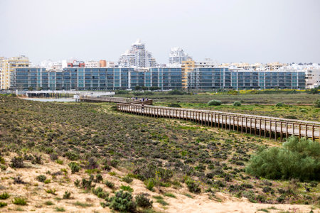 Large apartment complex near sand dunes with local vegetation and long relaxing wooden pathway near Armacao de Pera, located in the Algarve region, Portugal.の写真素材