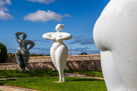 ESTOMBAR, PORTUGAL - 5th OCOTOBER 2024: Artistic stone modern contemporary female statues located on wine estate "Quinta dos Vales".のeditorial素材