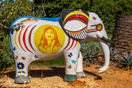 ESTOMBAR, PORTUGAL - 5th OCOTOBER 2024: Artistic plaster modern contemporary elephant statues located on wine estate "Quinta dos Vales".のeditorial素材
