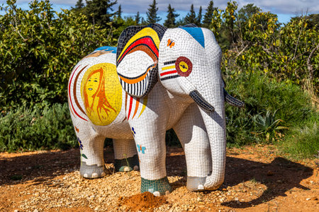 ESTOMBAR, PORTUGAL - 5th OCOTOBER 2024: Artistic plaster modern contemporary elephant statues located on wine estate "Quinta dos Vales".のeditorial素材