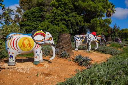 ESTOMBAR, PORTUGAL - 5th OCOTOBER 2024: Artistic plaster modern contemporary elephant statues located on wine estate "Quinta dos Vales".のeditorial素材