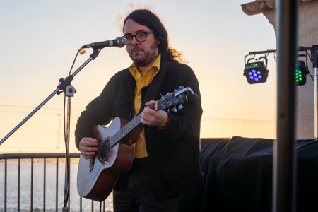 FARO, PORTUGAL: 5th SEPTEMBER, 2024 - Music artist, Alek Rein, performs on Festival F, a big festival on the city of Faro, Portugal.のeditorial素材