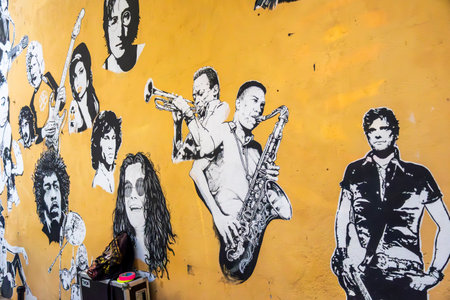 FARO, PORTUGAL: 5th SEPTEMBER, 2024 - Wall with artists in the Cultural and Recreational Association of Musicians, that helps promote local and small upcoming bandsのeditorial素材