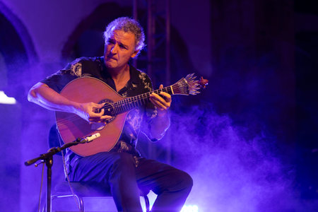 FARO, PORTUGAL: 5th SEPTEMBER, 2024 - Music artist, Amar Guitarra, performs on Festival F, a big festival on the city of Faro, Portugal.のeditorial素材
