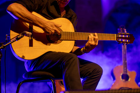 FARO, PORTUGAL: 5th SEPTEMBER, 2024 - Music artist, Amar Guitarra, performs on Festival F, a big festival on the city of Faro, Portugal.のeditorial素材