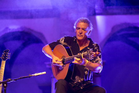 FARO, PORTUGAL: 5th SEPTEMBER, 2024 - Music artist, Amar Guitarra, performs on Festival F, a big festival on the city of Faro, Portugal.のeditorial素材