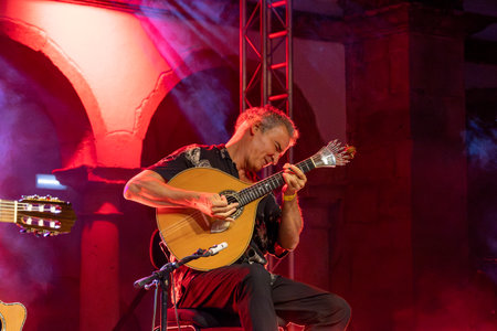 FARO, PORTUGAL: 5th SEPTEMBER, 2024 - Music artist, Amar Guitarra, performs on Festival F, a big festival on the city of Faro, Portugal.のeditorial素材