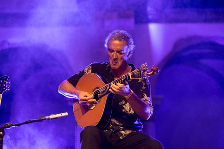 FARO, PORTUGAL: 5th SEPTEMBER, 2024 - Music artist, Amar Guitarra, performs on Festival F, a big festival on the city of Faro, Portugal.のeditorial素材
