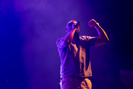 FARO, PORTUGAL: 5th SEPTEMBER, 2024 - Music artist, Tribruto, performs on Festival F, a big festival on the city of Faro, Portugal.のeditorial素材