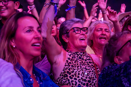 FARO, PORTUGAL: 5th SEPTEMBER, 2024 - Audience watch music artist in the Music Festival F, a big festival on the city of Faro, Portugalのeditorial素材