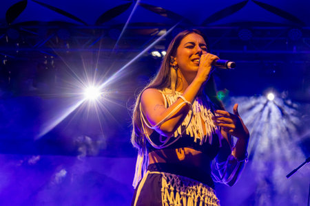 FARO, PORTUGAL: 5th SEPTEMBER, 2024 - Music artist, Ines Apenas, performs on Festival F, a big festival on the city of Faro, Portugal.のeditorial素材