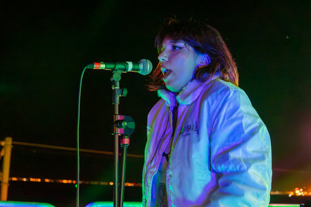 FARO, PORTUGAL: 5th SEPTEMBER, 2024 - Music artist, Ibsxjaur, performs on Festival F, a big festival on the city of Faro, Portugal.のeditorial素材