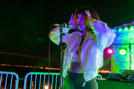 FARO, PORTUGAL: 5th SEPTEMBER, 2024 - Music artist, Ibsxjaur, performs on Festival F, a big festival on the city of Faro, Portugal.のeditorial素材