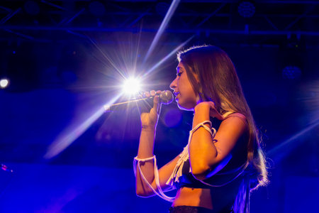 FARO, PORTUGAL: 5th SEPTEMBER, 2024 - Music artist, Ines Apenas, performs on Festival F, a big festival on the city of Faro, Portugal.のeditorial素材