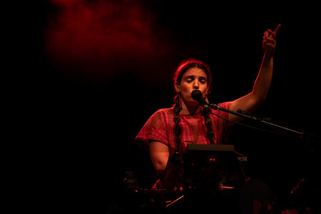 FARO, PORTUGAL: 5th SEPTEMBER, 2024 - Music artist, Ana Lua Caiano, performs on Festival F, a big festival on the city of Faro, Portugal.のeditorial素材