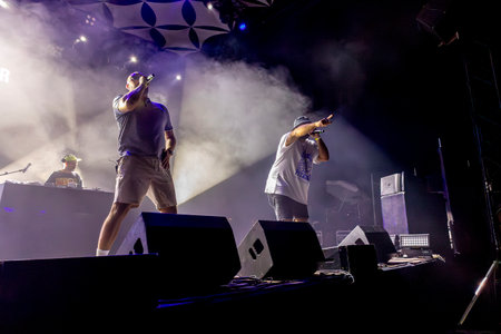 FARO, PORTUGAL: 5th SEPTEMBER, 2024 - Music artist, Tribruto, performs on Festival F, a big festival on the city of Faro, Portugal.のeditorial素材