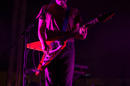 FARO, PORTUGAL: 5th SEPTEMBER, 2024 - Music artist, Tiago Bettencourt, performs on Festival F, a big festival on the city of Faro, Portugal.のeditorial素材