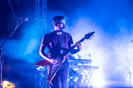 FARO, PORTUGAL: 5th SEPTEMBER, 2024 - Music artist, Tiago Bettencourt, performs on Festival F, a big festival on the city of Faro, Portugal.のeditorial素材