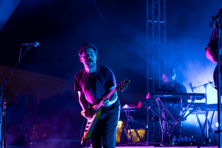 FARO, PORTUGAL: 5th SEPTEMBER, 2024 - Music artist, Tiago Bettencourt, performs on Festival F, a big festival on the city of Faro, Portugal.のeditorial素材