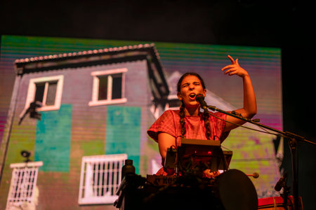 FARO, PORTUGAL: 5th SEPTEMBER, 2024 - Music artist, Ana Lua Caiano, performs on Festival F, a big festival on the city of Faro, Portugal.のeditorial素材