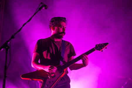 FARO, PORTUGAL: 5th SEPTEMBER, 2024 - Music artist, Tiago Bettencourt, performs on Festival F, a big festival on the city of Faro, Portugal.のeditorial素材