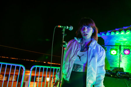 FARO, PORTUGAL: 5th SEPTEMBER, 2024 - Music artist, Ibsxjaur, performs on Festival F, a big festival on the city of Faro, Portugal.のeditorial素材