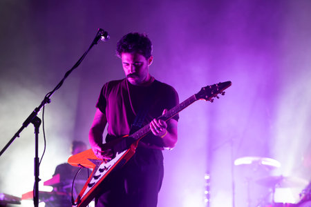 FARO, PORTUGAL: 5th SEPTEMBER, 2024 - Music artist, Tiago Bettencourt, performs on Festival F, a big festival on the city of Faro, Portugal.のeditorial素材