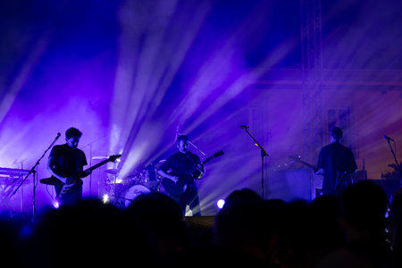 FARO, PORTUGAL: 5th SEPTEMBER, 2024 - Music artist, Tiago Bettencourt, performs on Festival F, a big festival on the city of Faro, Portugal.のeditorial素材