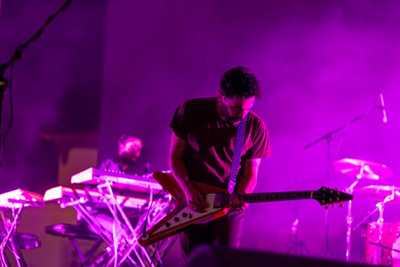FARO, PORTUGAL: 5th SEPTEMBER, 2024 - Music artist, Tiago Bettencourt, performs on Festival F, a big festival on the city of Faro, Portugal.のeditorial素材