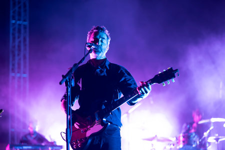 FARO, PORTUGAL: 5th SEPTEMBER, 2024 - Music artist, Tiago Bettencourt, performs on Festival F, a big festival on the city of Faro, Portugal.のeditorial素材