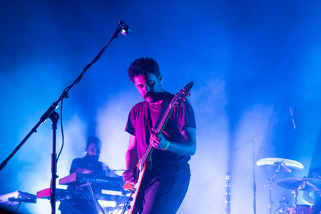 FARO, PORTUGAL: 5th SEPTEMBER, 2024 - Music artist, Tiago Bettencourt, performs on Festival F, a big festival on the city of Faro, Portugal.のeditorial素材