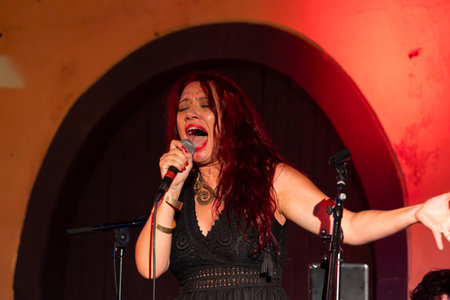 FARO, PORTUGAL: 5th SEPTEMBER, 2024 - Music artist, Catia Alhandra, performs on Festival F, a big festival on the city of Faro, Portugal.のeditorial素材