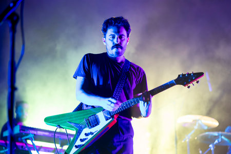 FARO, PORTUGAL: 5th SEPTEMBER, 2024 - Music artist, Tiago Bettencourt, performs on Festival F, a big festival on the city of Faro, Portugal.のeditorial素材